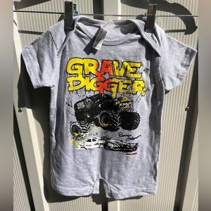 18M never worn gray, black, yellow and red Grave Digger jumpsuit